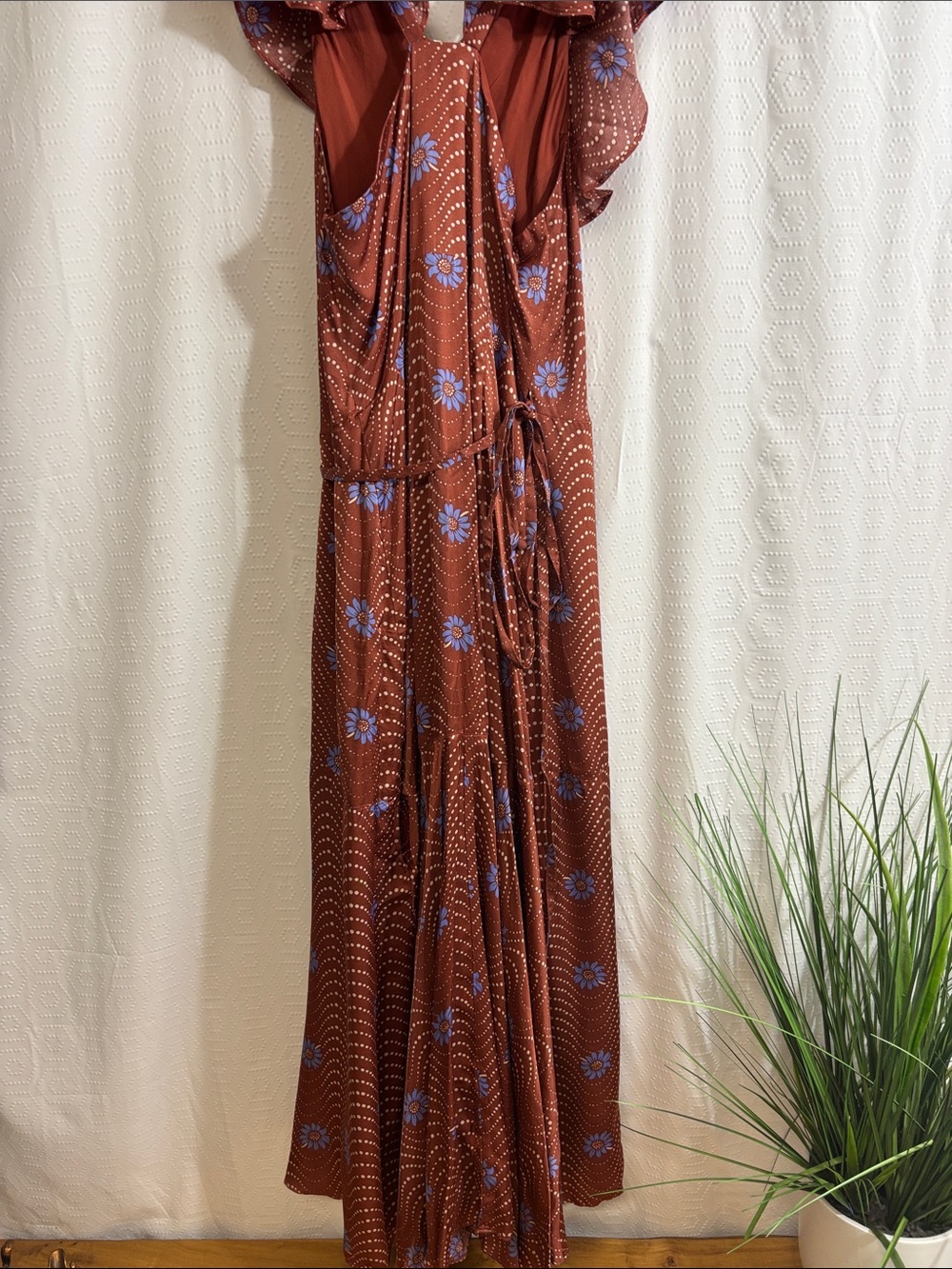 ANTHROPOLOGIE ruffle wrap midi dress brown motif - Picture 9 of 12